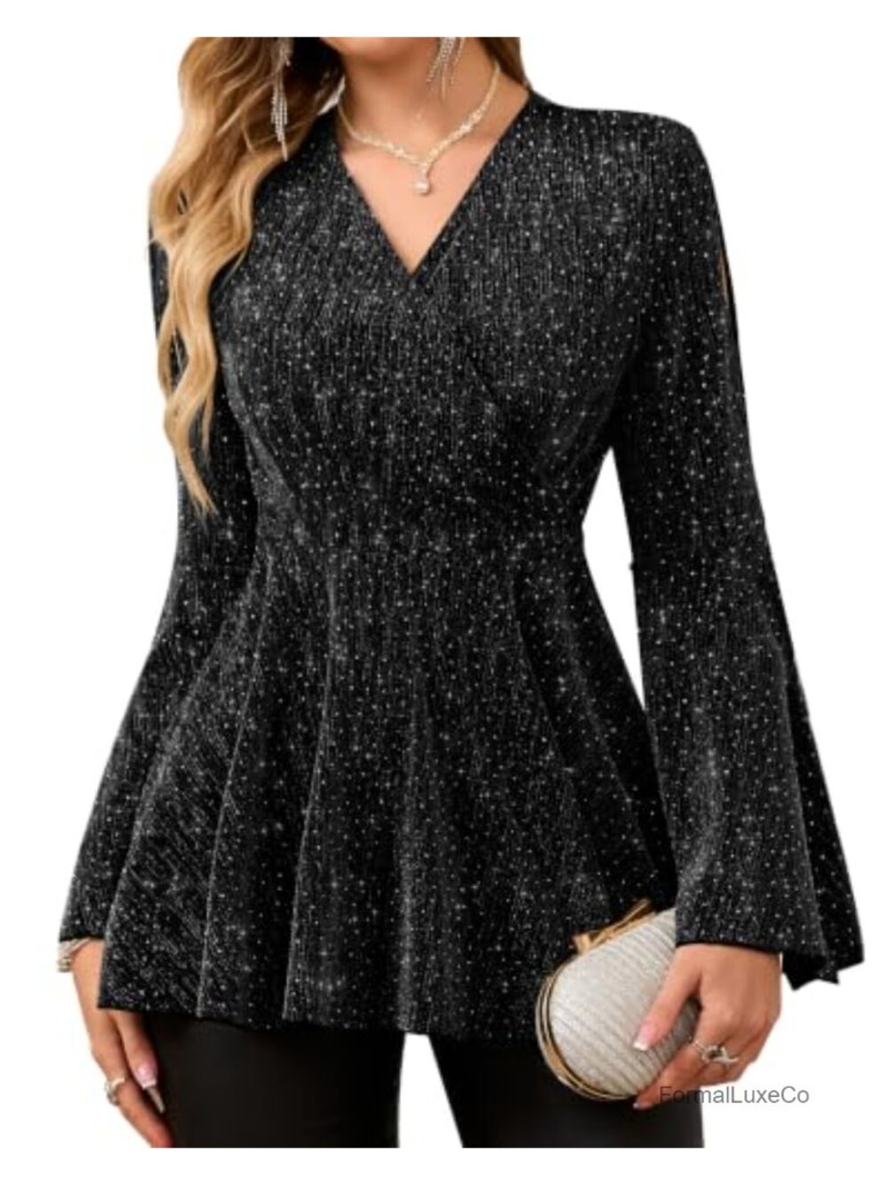 Sparkly V Neck Blouse Dressy Bell Sleeve Party Top Hidden Zipper